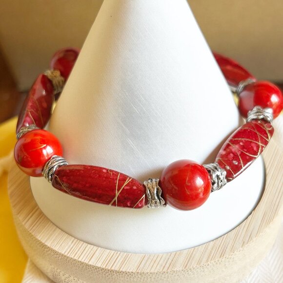 Red Beaded Bracelet With 925 Sterling Silver Clasp - Picture 1 of 6